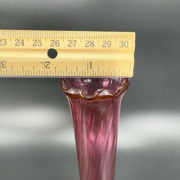 Antique Cranberry Art Glass Vase Wavy Ruffled Top Bud Vase Hand Blown Textured - Picture 2 of 11